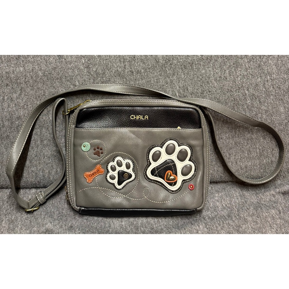 Chala Handbags Grey Black Paw Print Crossbody Bag Dog Bone Heart Applique Purse